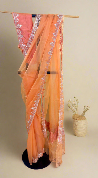 Madhuri Peach Organza Saree With Kashmiri Tilla Embroidery