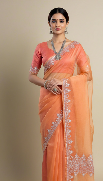 Madhuri Peach Organza Saree With Kashmiri Tilla Embroidery