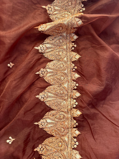 Madhuri Brown Organza Saree With Kashmiri Tilla Embroidery