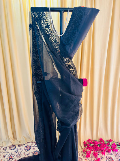 Noor Black Organza Saree With Kashmiri Aari Embroidery