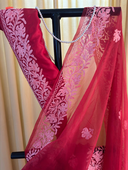 Noor Red Organza Saree With Kashmiri Aari Embroidery