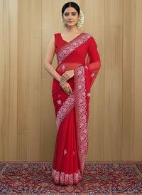 Noor Red Organza Saree With Kashmiri Aari Embroidery