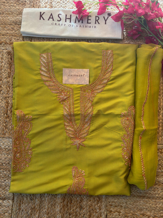 Sufianna Green Unstiched Silk Suit with Tilla Embroidery
