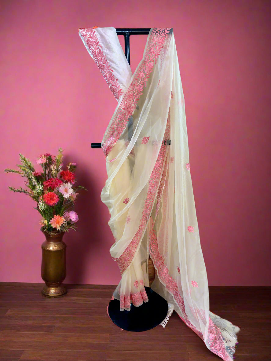 Noor White Organza Saree With Kashmiri Aari Embroidery