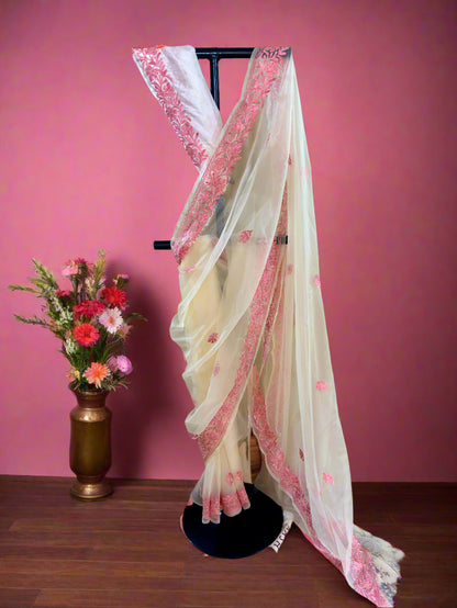 Noor White Organza Saree With Kashmiri Aari Embroidery