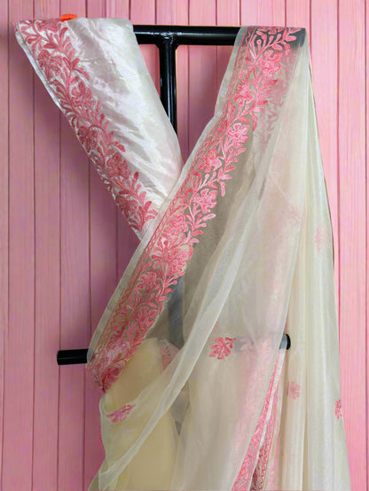 Noor White Organza Saree With Kashmiri Aari Embroidery