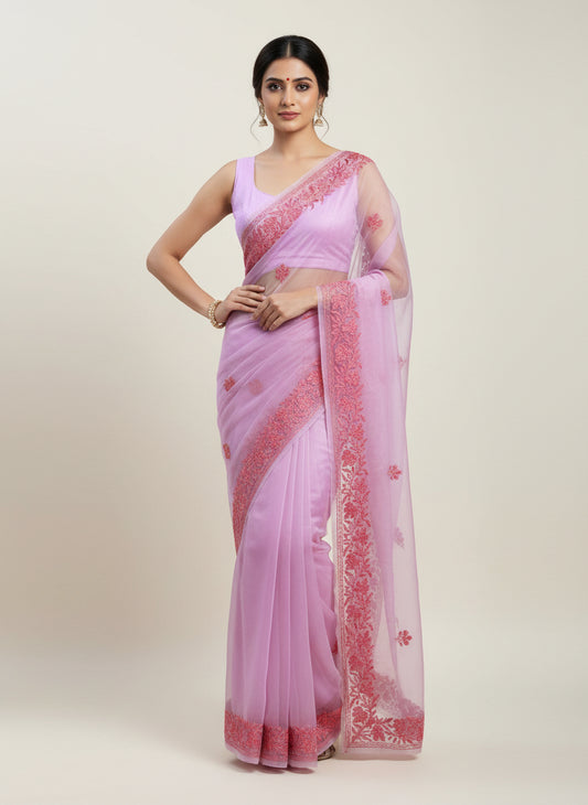 Noor Pink Organza Saree With Kashmiri Aari Embroidery