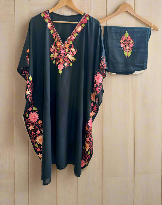 Heer Black Long Aari Work Kaftan Set