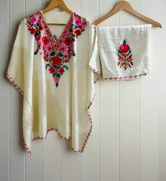 Heer White Multi Color Aari Work Kaftan Set