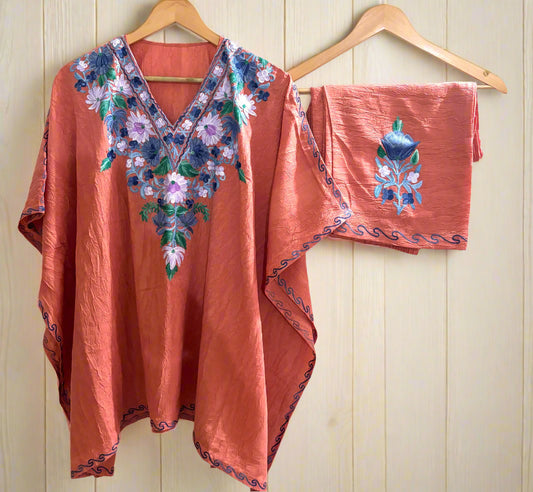 Heer Pastel Orange Aari Work Short Kaftan Set