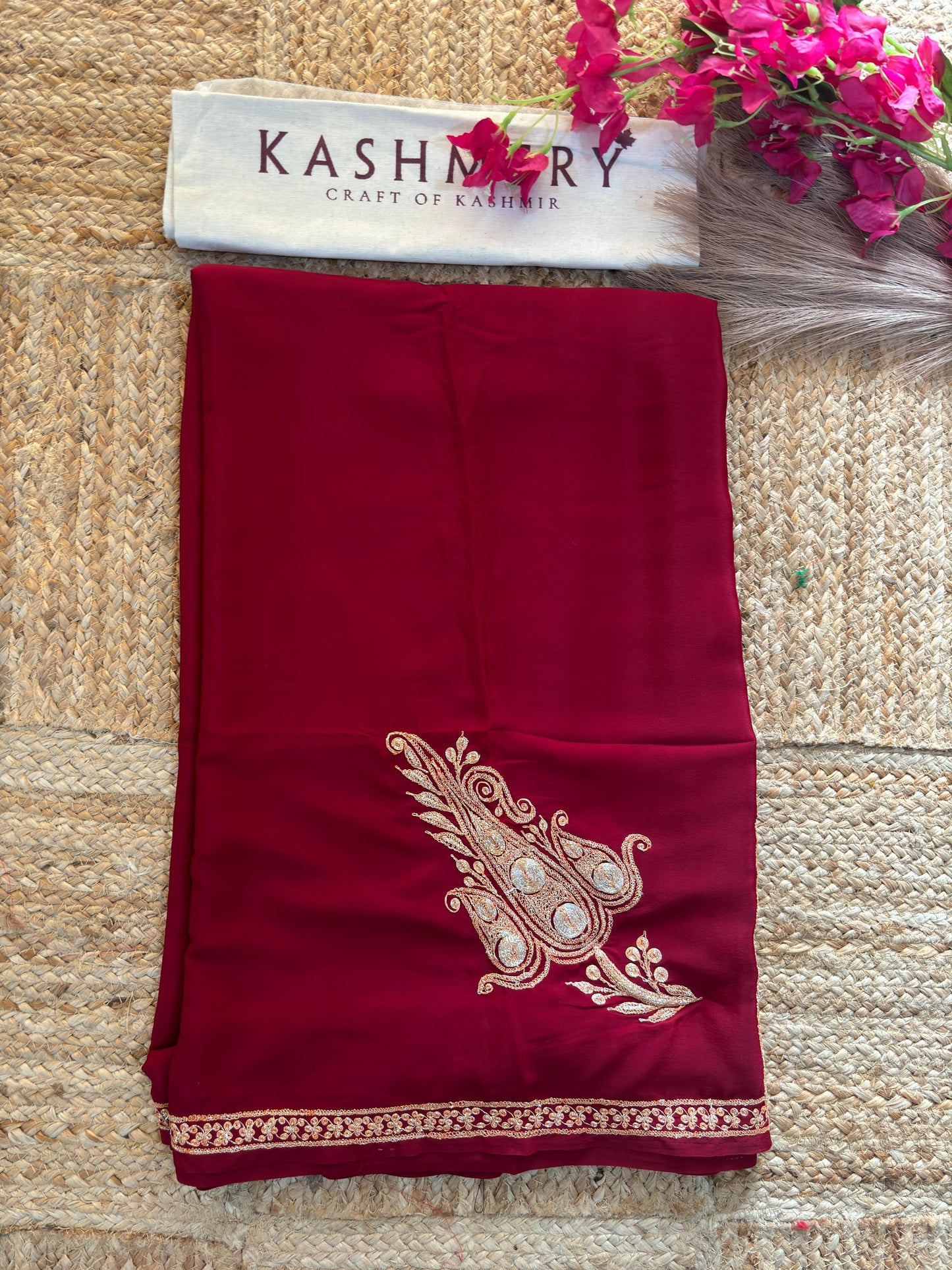 Omang Maroon Crepe Saree with Kashmiri Tilla Embroidery
