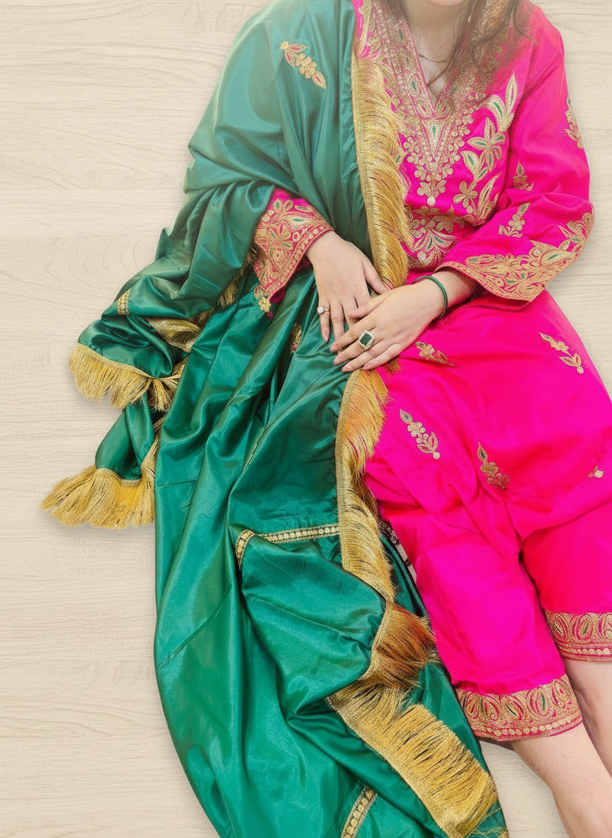 Leela Stitched Rani Pink Silk Suit Set with Tilla Embroidery & Green Dupatta