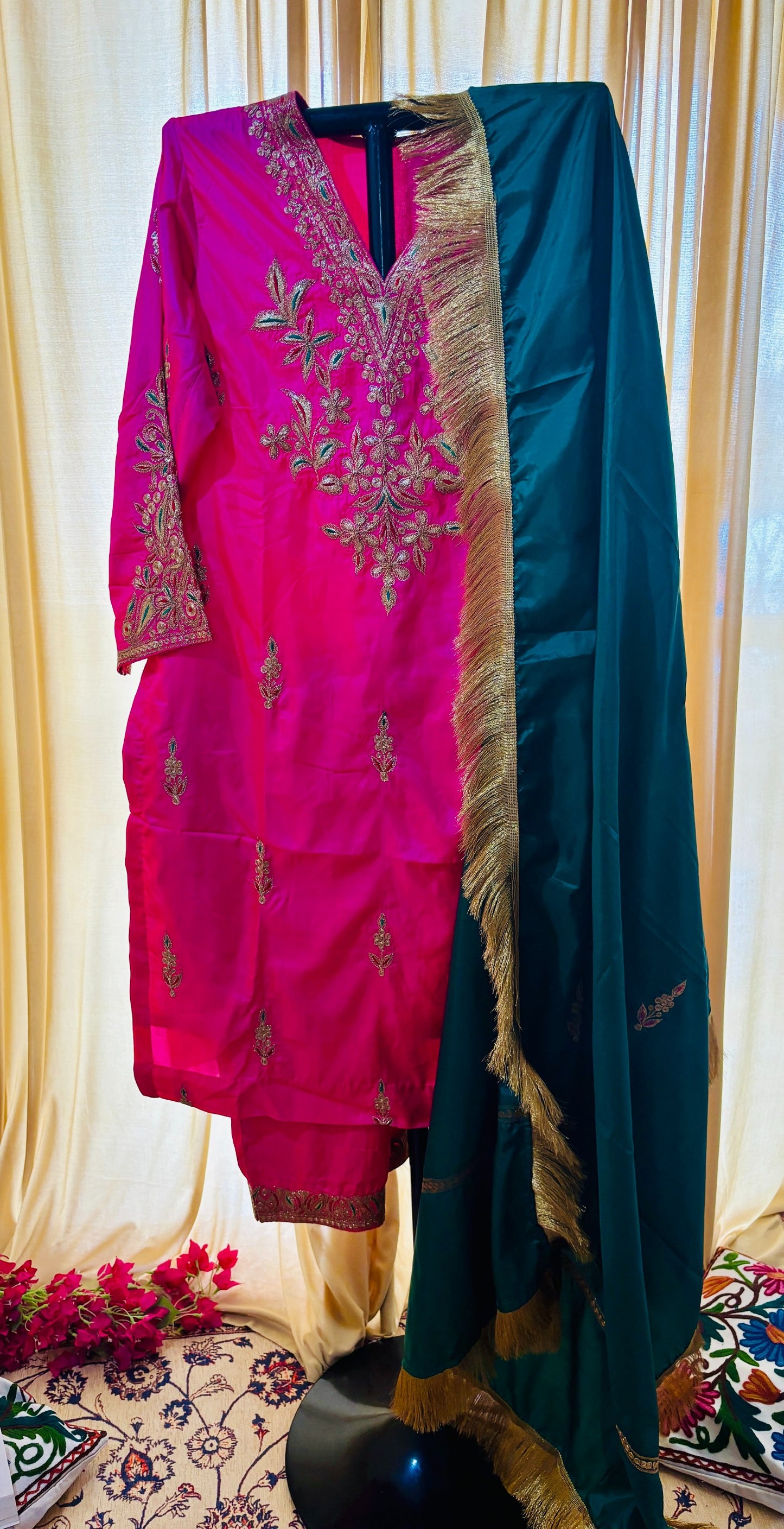 Leela Stitched Rani Pink Silk Suit Set with Tilla Embroidery & Green Dupatta