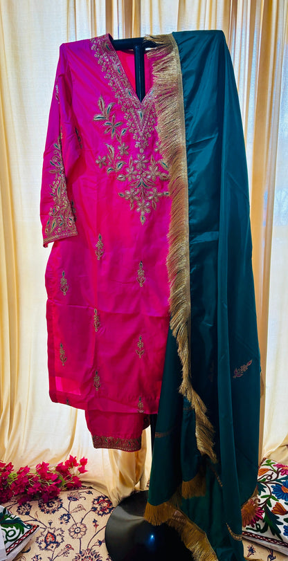 Leela Stitched Rani Pink Silk Suit Set with Tilla Embroidery & Green Dupatta