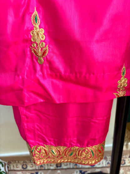 Leela Stitched Rani Pink Silk Suit Set with Tilla Embroidery & Green Dupatta