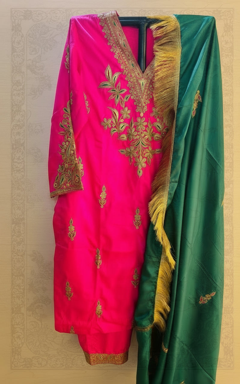 Leela Stitched Rani Pink Silk Suit Set with Tilla Embroidery & Green Dupatta