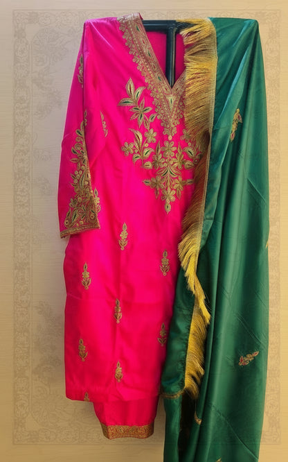Leela Stitched Rani Pink Silk Suit Set with Tilla Embroidery & Green Dupatta