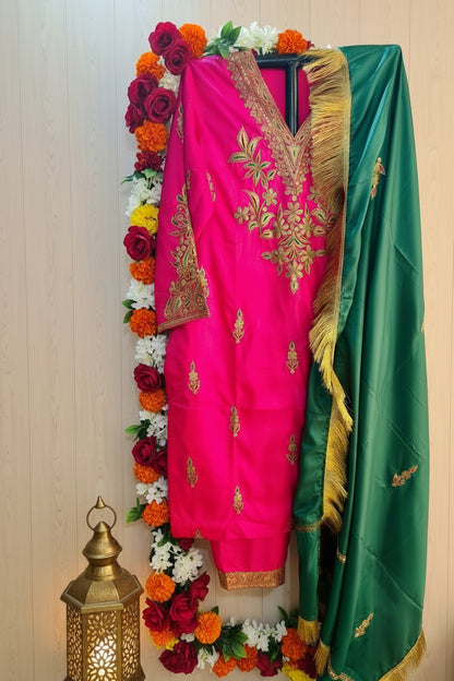Leela Stitched Rani Pink Silk Suit Set with Tilla Embroidery & Green Dupatta