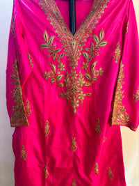 Leela Stitched Rani Pink Silk Suit Set with Tilla Embroidery & Green Dupatta