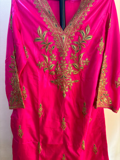 Leela Stitched Rani Pink Silk Suit Set with Tilla Embroidery & Green Dupatta