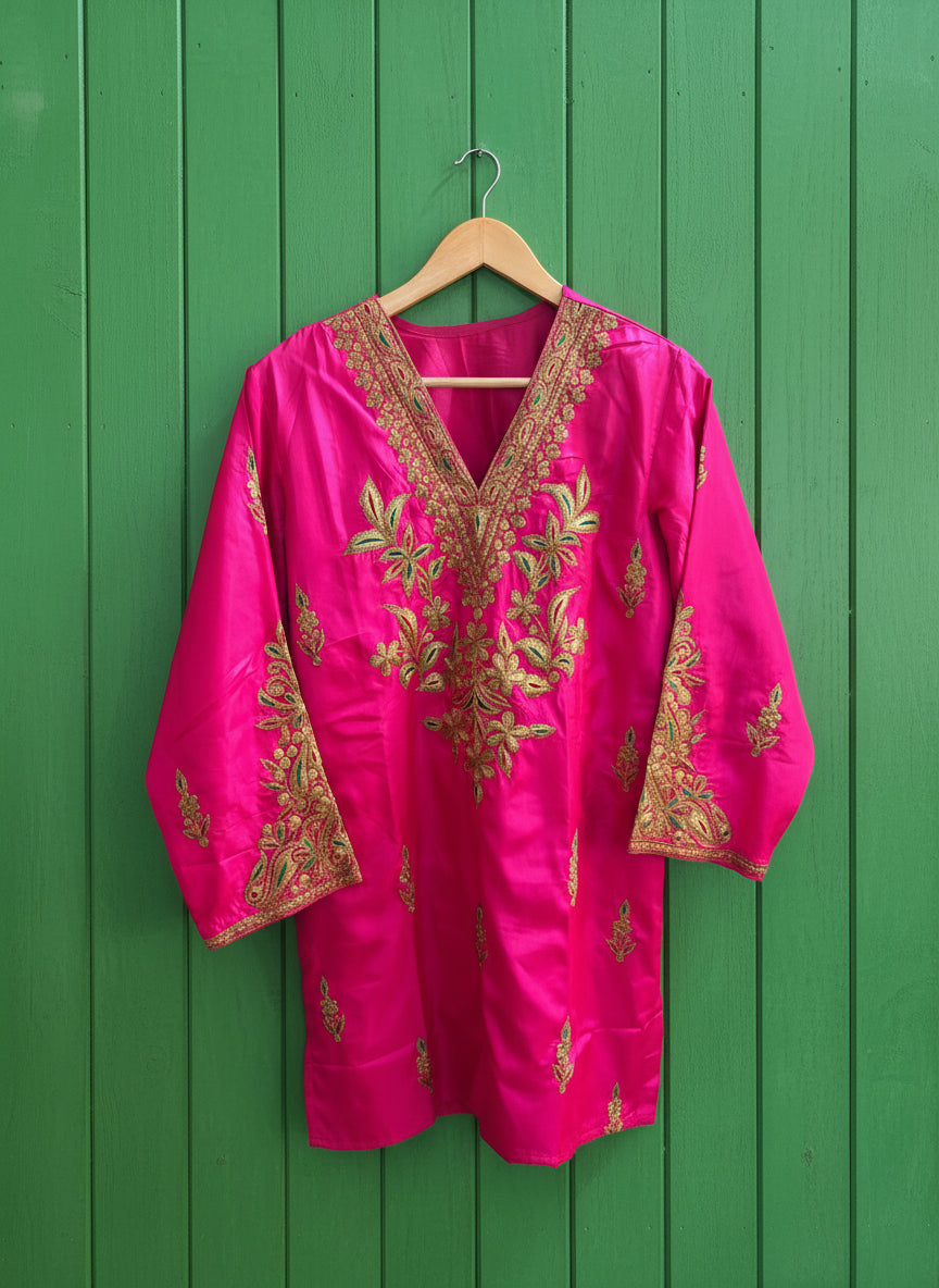 Leela Stitched Rani Pink Silk Suit Set with Tilla Embroidery & Green Dupatta