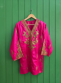 Leela Stitched Rani Pink Silk Suit Set with Tilla Embroidery & Green Dupatta