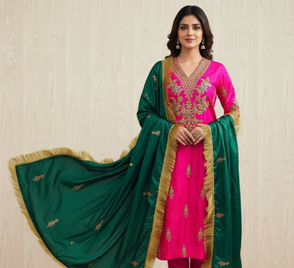 Leela Stitched Rani Pink Silk Suit Set with Tilla Embroidery & Green Dupatta