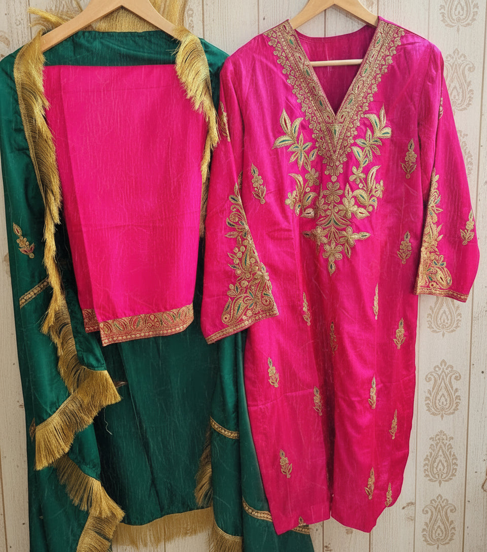 Leela Stitched Rani Pink Silk Suit Set with Tilla Embroidery & Green Dupatta