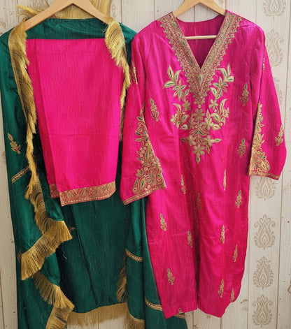 Leela Stitched Rani Pink Silk Suit Set with Tilla Embroidery & Green Dupatta
