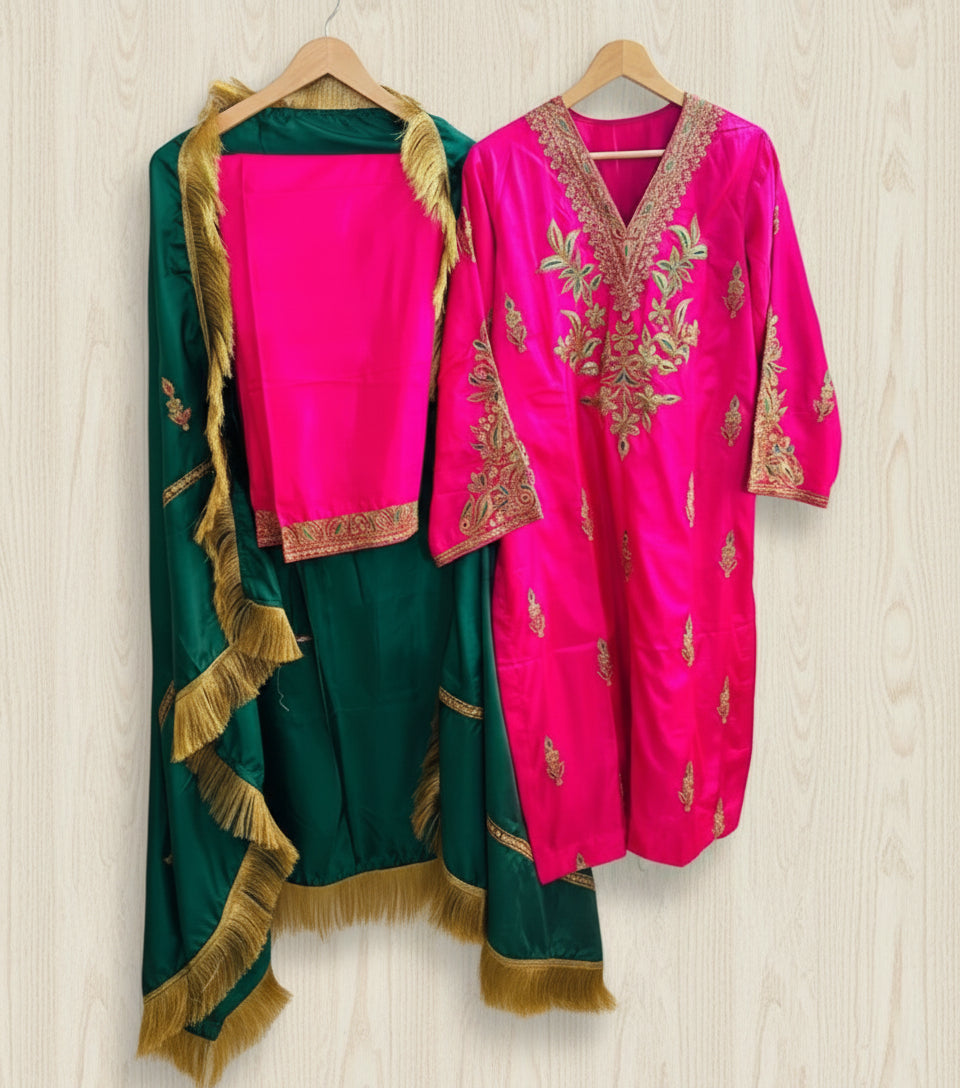 Leela Stitched Rani Pink Silk Suit Set with Tilla Embroidery & Green Dupatta
