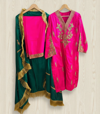 Leela Stitched Rani Pink Silk Suit Set with Tilla Embroidery & Green Dupatta