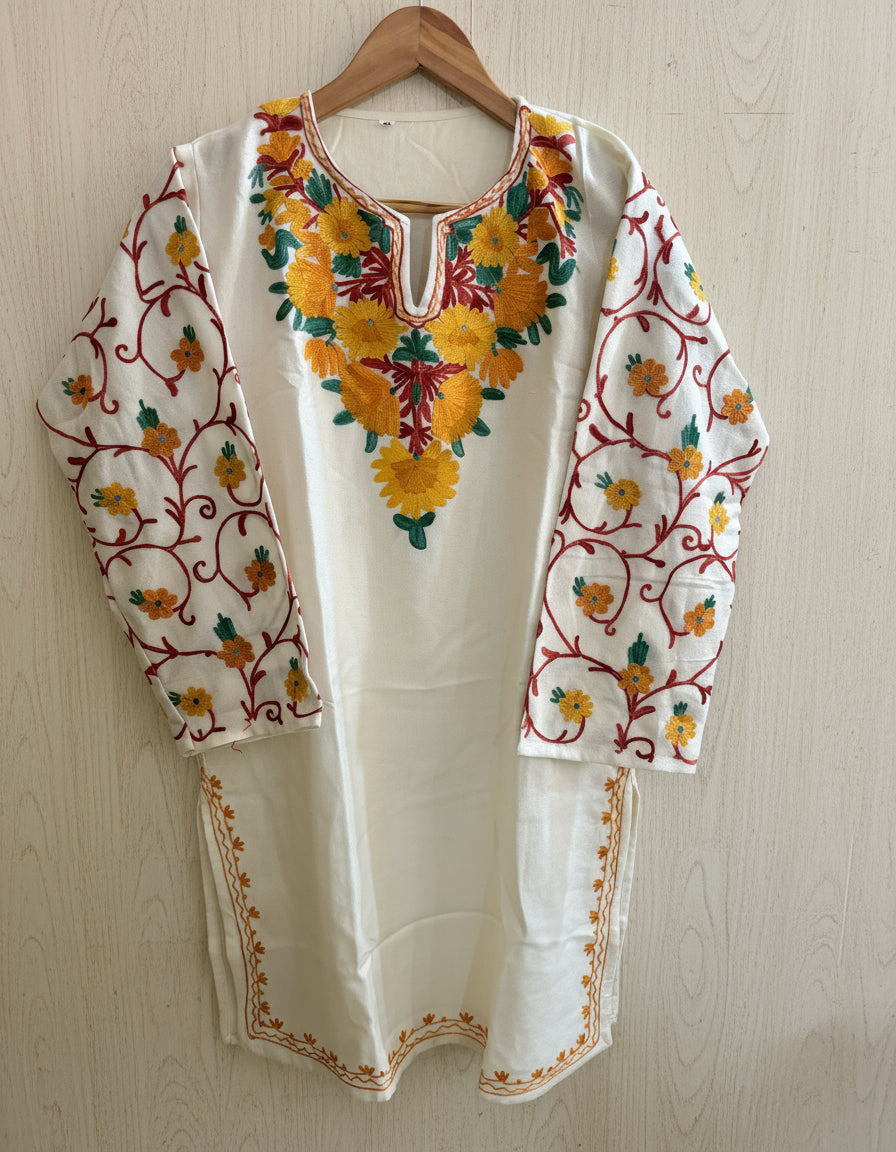 Masoom White Short Aari Work Warm Kurti