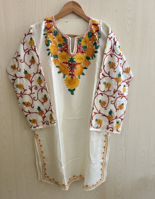 Masoom White Short Aari Work Warm Kurti