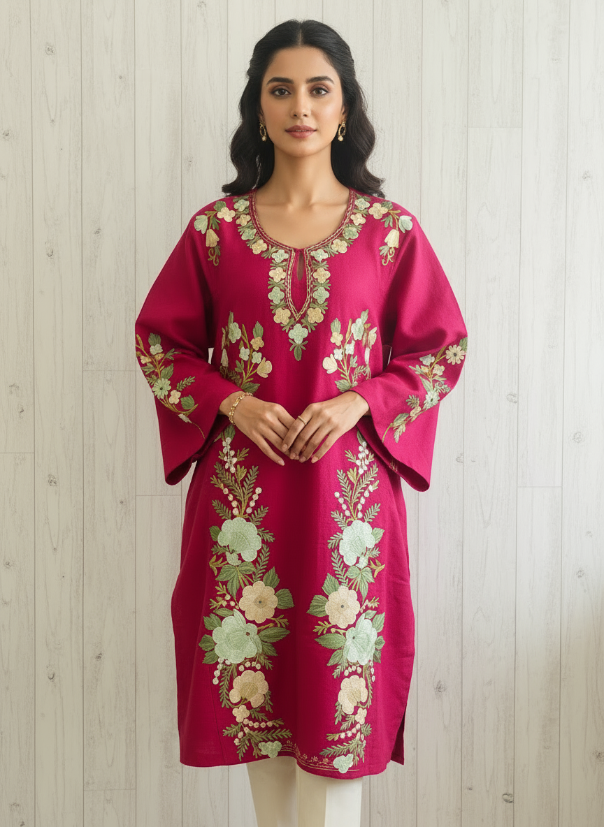 Masoom Maroon Full  Embroidery Aari Work Pheran