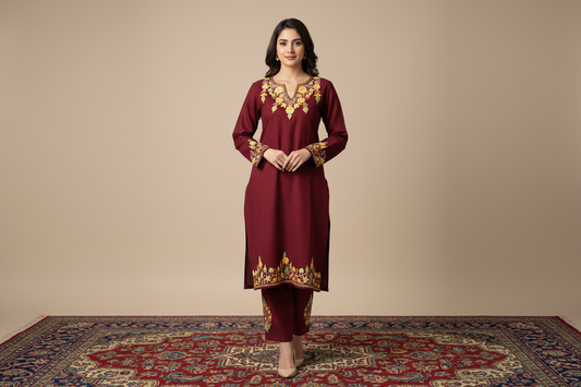 Gulaab Maroon Aari Embroidery Work Phiran Cord Set for Winter