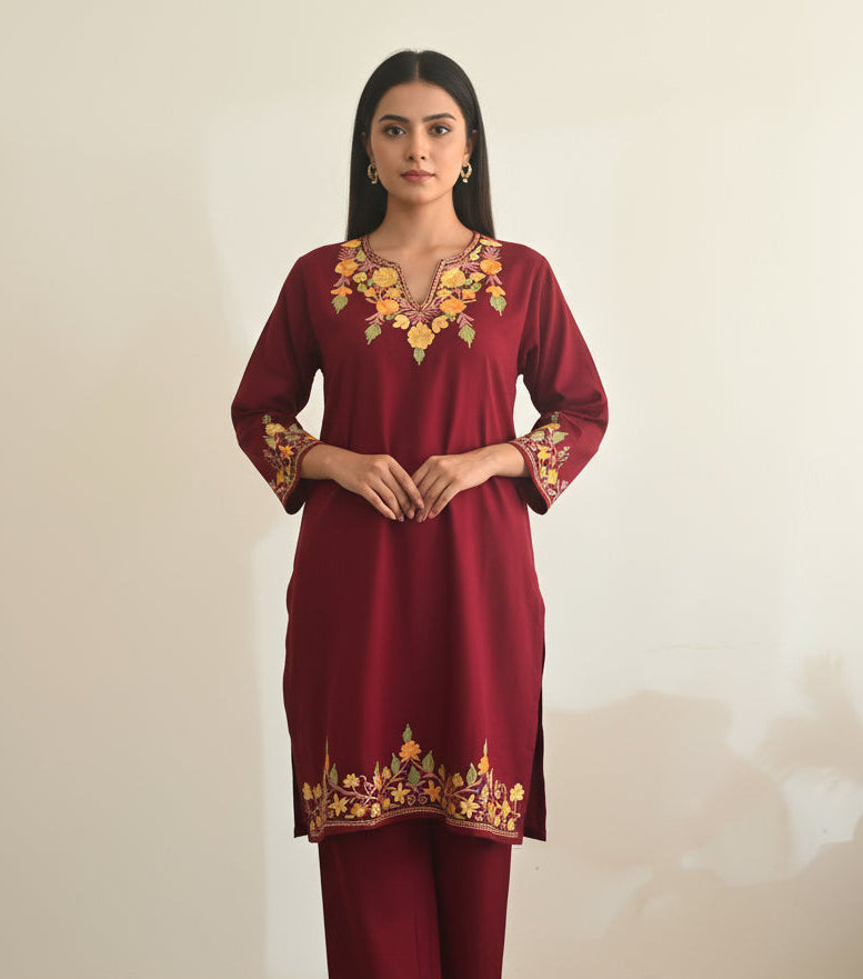 Gulaab Maroon Aari Embroidery Work Phiran Cord Set for Winter