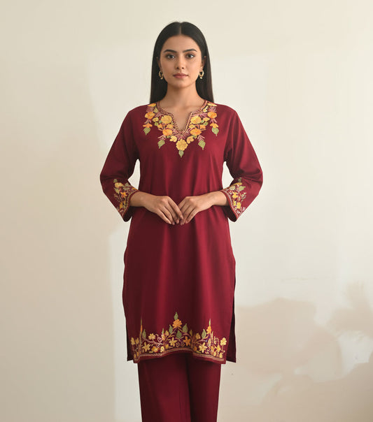 Gulaab Maroon Aari Embroidery Work Phiran Cord Set for Winter