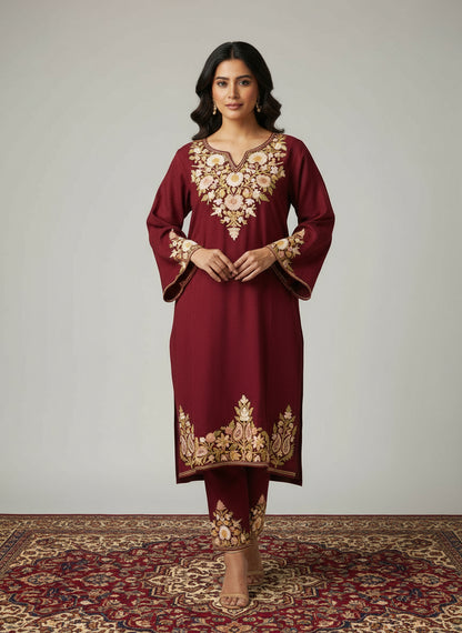 Gulaab Maroon Aari Embroidery Work Phiran Set for Winter