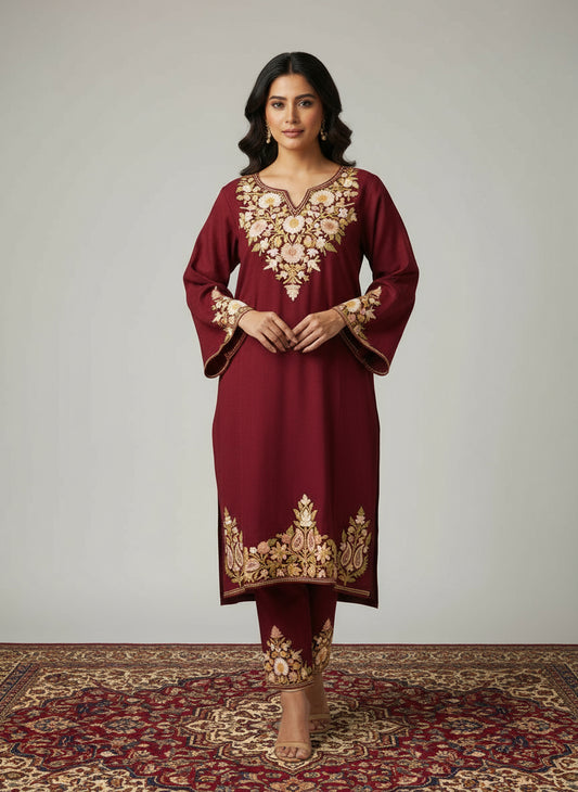 Gulaab Maroon Aari Embroidery Work Phiran Set for Winter