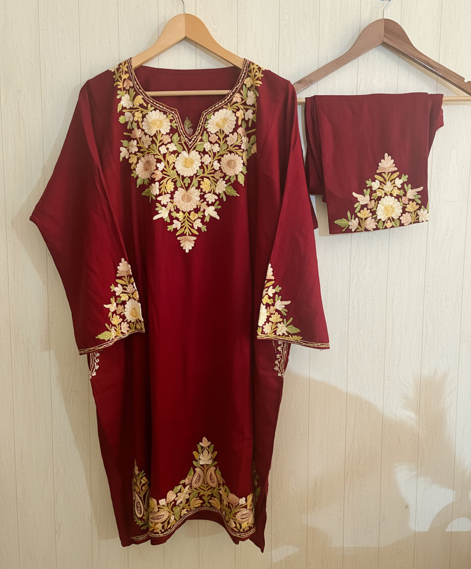 Gulaab Maroon Aari Embroidery Work Phiran Set for Winter