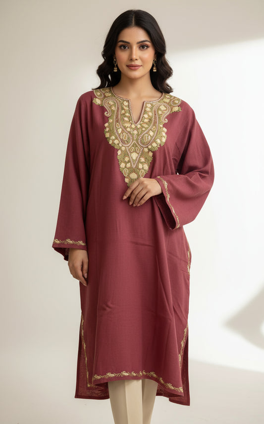 Sheen Noon Chai Pink HandMade Aari Work Pheran