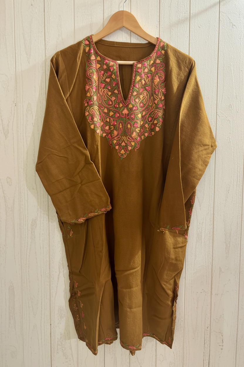 Sheen Mustard Brown HandMade Aari Work Pheran