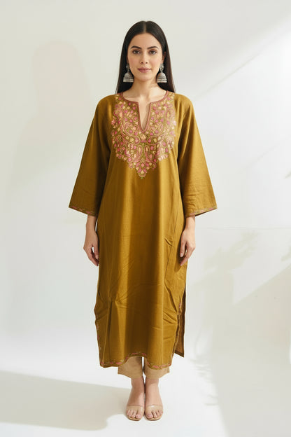 Sheen Mustard Brown HandMade Aari Work Pheran