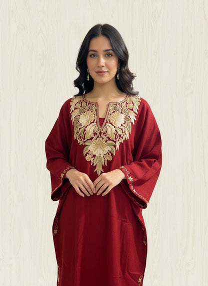 Sheeni Royal Rust Maroon HandMade Aari Work Pheran