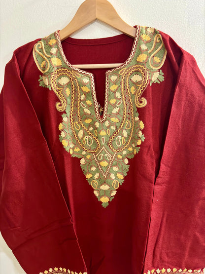Sheen Rust Maroon HandMade Aari Work Pheran