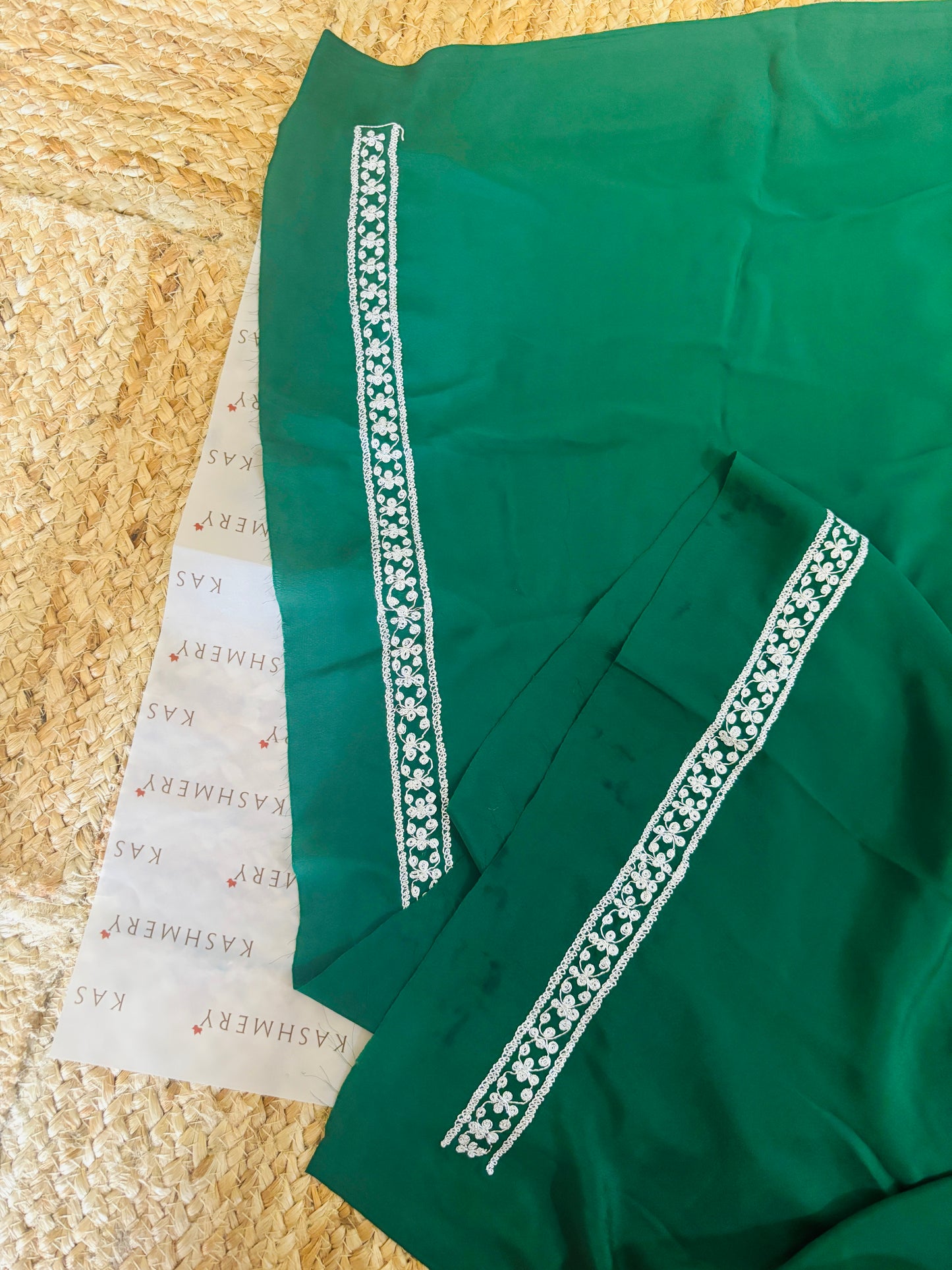 Omang Green Crepe Saree with Kashmiri Silver Tilla Embroidery