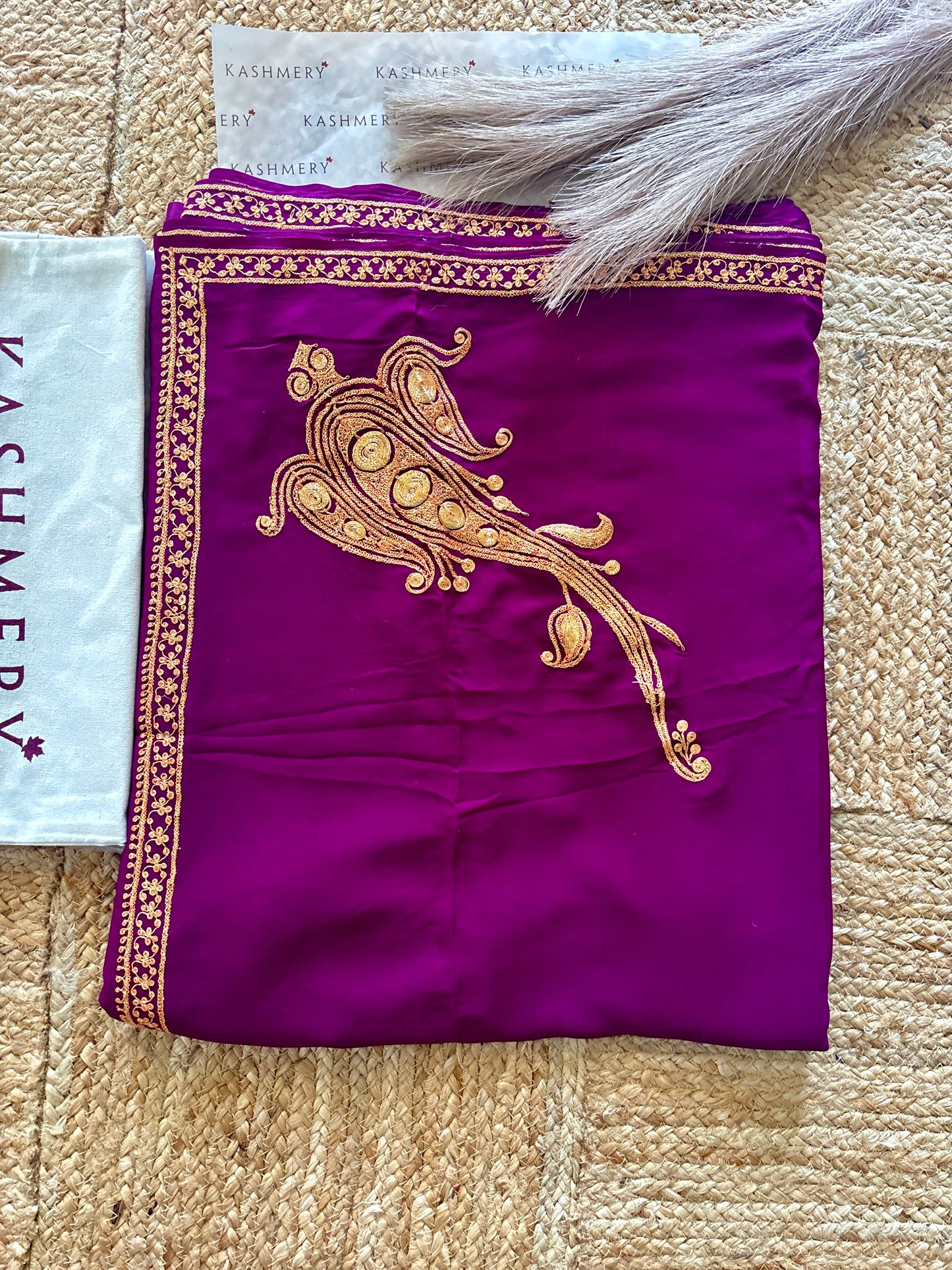 Omang Purple Crepe Saree with Kashmiri Tilla Embroidery