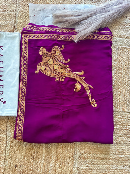 Omang Purple Crepe Saree with Kashmiri Tilla Embroidery