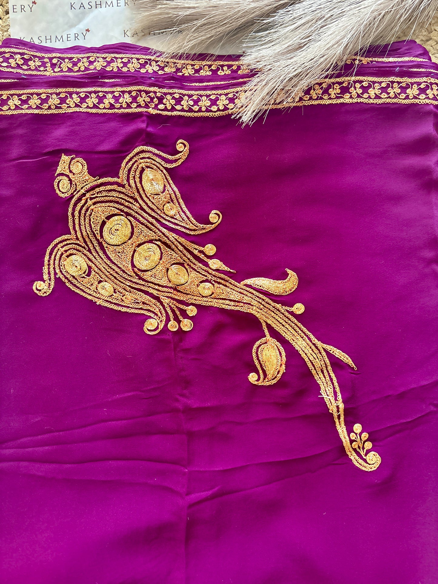 Omang Purple Crepe Saree with Kashmiri Tilla Embroidery