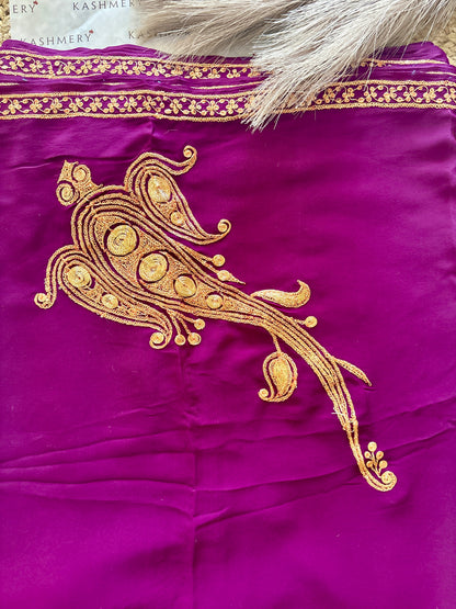 Omang Purple Crepe Saree with Kashmiri Tilla Embroidery